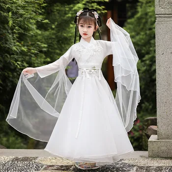 Белое платье с аппликацией в китайском стиле, расшитое бисером, Костюм для девочек, Детский костюм Феи Древнего Ханфу для косплея