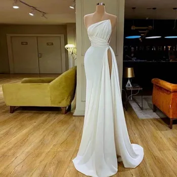 Белое Элегантное вечернее платье, атласное платье без рукавов с высоким Разрезом, вечерние платья для выпускного вечера Для дам, Свадебное платье