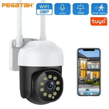 Беспроводная Наружная Камера PEGATISAN 3MP/4MP Tuya с 4-кратным Зумом, Камера видеонаблюдения с Автоматическим Отслеживанием Wi-Fi, 2-Полосные Аудио IP-камеры