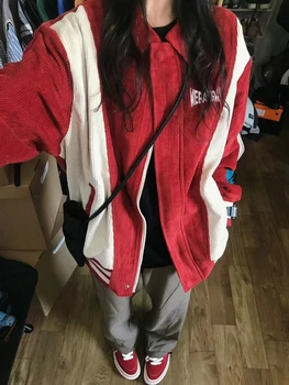 Вельветовая бейсбольная куртка Deeptown Harajuku, женская винтажная полосатая университетская куртка в стиле пэчворк 90-х, Свободная Повседневная верхняя одежда для колледжа, Kpop
