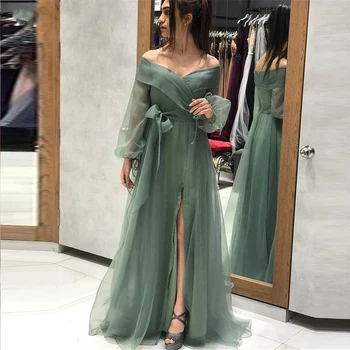 Вечерние платья из зеленой Органзы 2023, платье для выпускного вечера с открытыми плечами и пышными длинными рукавами, Простое платье для выпускного вечера vestido de fiesta