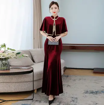 Винтажное Улучшенное Китайское Летнее Платье Чонсам, Бархатное Красное Женское Чипао