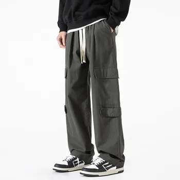 Винтажные брюки-карго для мужчин 2023, японская Уличная одежда с несколькими карманами, Свободные Черные Повседневные Прямые брюки с завязками, Однотонные рабочие брюки