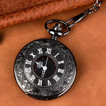 Винтажные черные кварцевые карманные часы с резьбой для мужчин, корпус с гравировкой, циферблат с римскими цифрами, дисплей, Брелок, цепочка, Подвесные часы для мужчин, подарки