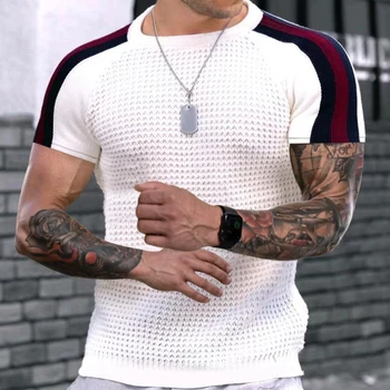 Внешняя торговля, мужская повседневная футболка с круглым вырезом и контрастным цветом, с короткими рукавами, свободного кроя, молодежный мужской топ с вафлями