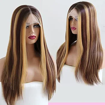 Выделите синтетические парики SuQ для чернокожих женщин, длинные прямые парики из волос на кружеве, светлые смешанные коричневые парики на кружеве