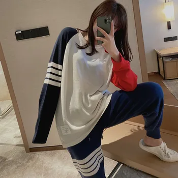 Высококачественный контрастный вязаный свитер в корейском стиле, Модная Свободная футболка с длинными рукавами и напуском Поверх повседневного топа, тонкий свитер