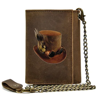 Высококачественный мужской кошелек из натуральной кожи с противоугонным засовом с железной цепочкой, шляпа в стиле стимпанк, чехол, держатель для карт, короткий кошелек