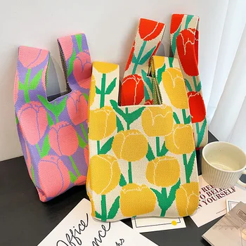 Вязаная Сумочка ручной работы, Новая Модная корейская женская Мини-сумка на запястье с узлом, сумка-тоут с яркими цветами, Студенческие Многоразовые сумки для покупок