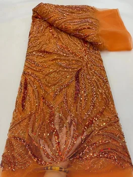 Горячая Распродажа, Оранжевая Высококачественная Роскошная вышивка из тяжелого бисера с пайетками, Французский Тюль, сетчатая кружевная ткань Для нигерийского платья 