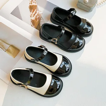 Детская кожаная обувь, Модные туфли на плоской подошве из лакированной кожи для девочек, Черно-белые винтажные школьные туфли Принцессы для малышей 23-37