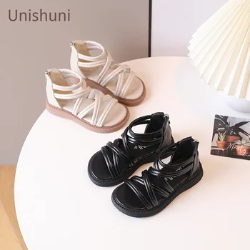 Детская Повседневная обувь Unishuni, Сандалии с перекрестными ремешками для девочек, Сандалии принцессы на щиколотке с застежкой-молнией сзади, черные бежевые сандалии-гладиаторы