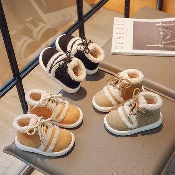 Детские Плюшевые Теплые Хлопчатобумажные ботинки в корейском стиле в стиле Ретро, Новинка Зимы 2023 года, Модные короткие ботинки для мальчиков, Зимние ботинки на шнуровке Для девочек