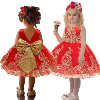детское платье на день рождения 2022, красное платье принцессы, детское платье с бантом, детская юбка-пачка из золотистого кружева 3M12M24M2-7T
