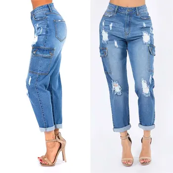 Джинсы-карго с карманами, Новая Мода, Vaqueros Mujer, Cintura Alta, Тонкая Одежда для мам, дырки до колен, Сексуальные джинсовые брюки в стиле Хип