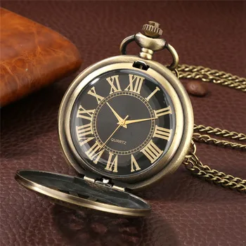 Дизайн с полым колесом в винтажном стиле, черный циферблат с римскими цифрами, Антикварные кварцевые аналоговые карманные часы для мужчин и женщин, Коллекционные часы