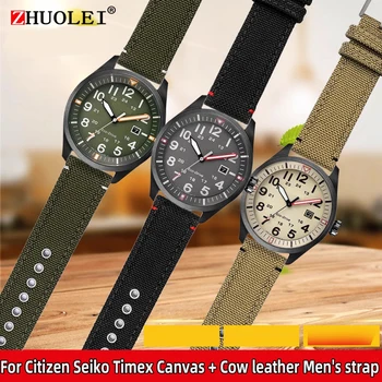 Для Citizen AW5005 Seiko Timex Армейский зеленый хаки Гамильтон нейлоновый ремешок для часов Холст + Коровья кожа мужской ремешок для часов 20 мм браслет