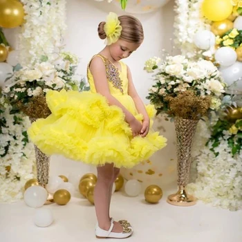 Желтые Великолепные платья с драгоценными камнями для девочек в цветочек, Пышная Свадебная вечеринка, Наряд Принцессы на День рождения, Платье Демуазель