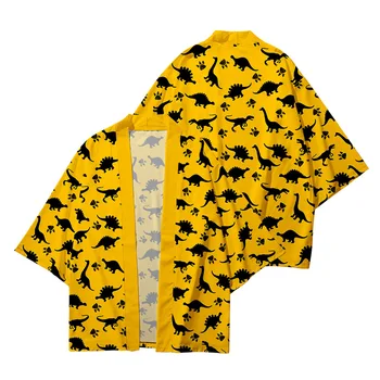 Желтый Мультфильм Динозавр Плюс Размер 6XL 5XL 4XL Свободный Японский Кардиган Женщины Мужчины Кимоно Харадзюку Косплей Блузка Юката Одежда