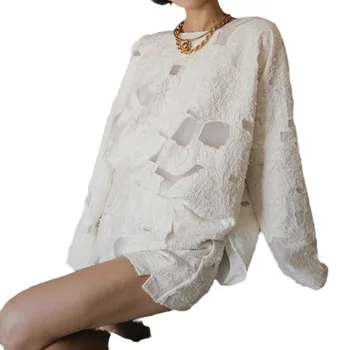 Женская футболка белого цвета с длинным рукавом и круглым вырезом, пуловер, свободный удобный топ, весна-осень