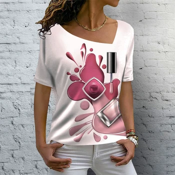 Женская футболка с принтом лака для ногтей, блузка с рисунком губной помады, Модные косметические футболки с коротким рукавом, Летняя женская одежда с вырезом лодочкой