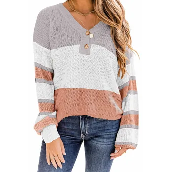 Женский свитер, пуловер на молнии с V-образным вырезом, полосатый свитер в стиле пэчворк, вязаный топ с цветными блоками, Повседневный Свободный Пуловер-туника