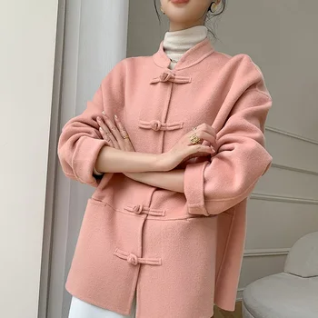 Женский универсальный костюм с витой пряжкой в китайском стиле, двустороннее шерстяное пальто 100% из чистой шерсти