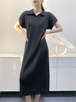 женское плиссированное платье Miyake, модное однотонное летнее повседневное прямое платье с воротником 