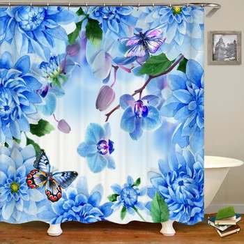 Занавеска для ванной комнаты с 3D бабочкой и цветочным принтом, полиэстер, Водонепроницаемая с крючками, Украшение дома, Занавеска для душа, экран для ванной комнаты