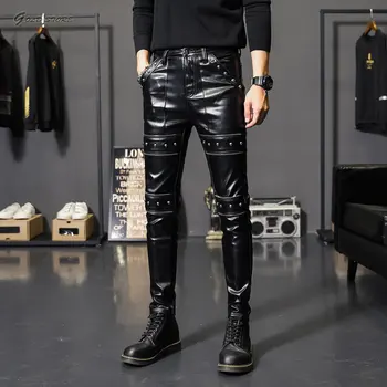 Зимние весенние мужские обтягивающие байкерские кожаные брюки Модные мотоциклетные брюки из искусственной кожи для мужчин, сценическая клубная одежда