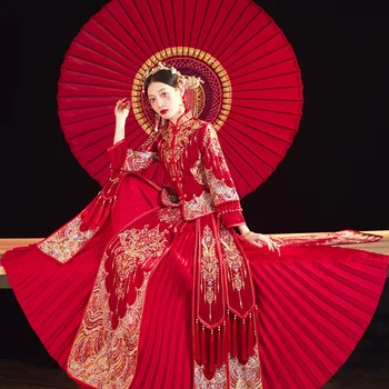 Золотая Вышивка Невеста Банкетная Пара Современное Китайское Свадебное Платье Длинная Традиционная Одежда Китай Ципао китайская одежда
