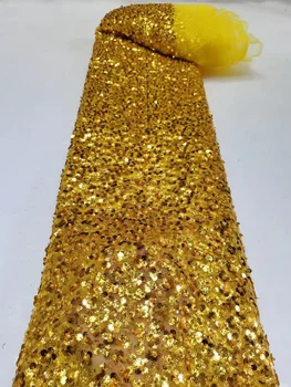 Золотое Новейшее Нигерийское Сетчатое Кружево Со свадебной вышивкой Sequence 2022 Роскошная Свадебная Кружевная ткань с жемчужным бисером Для вечеринки 5 Ярдов