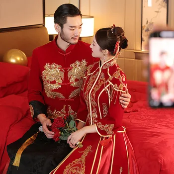 Изысканная Вышивка Бисером с Кисточками, Китайский Традиционный Чонсам, Элегантный Свадебный Костюм Для Пары, Платье Невесты китайская одежда