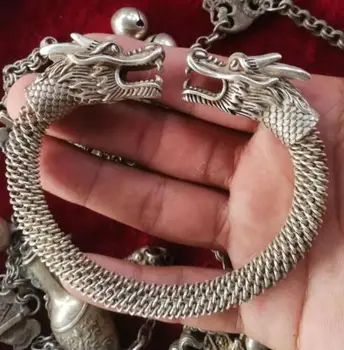 Китайский серебряный браслет с гравировкой из тибетского серебра ручной работы с двуглавым драконом