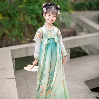 Китайский традиционный костюм в китайском стиле, Древний зеленый Hanfu для маленьких девочек, Восточная фея, Косплей, одежда для сценических танцев