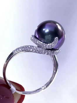 Кольцо с черным жемчугом Таити, Женское кольцо с фиолетовым павлином, 10,9 мм, Натуральный жемчуг морской волны, бриллианты, золото 18 Карат, круглый