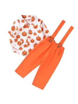 Комплект детских костюмов на Хэллоуин для мальчиков и девочек, рубашка на пуговицах с принтом тыквы и комбинезон, детский костюм со штанами из 2 предметов