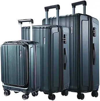 Комплект для багажа, 3 предмета, передний карман для ноутбука 20/24/28 и расширяемый ABS + PC, легкий спиннер в твердом корпусе, бесшумные колеса, замок TSA, зеленый