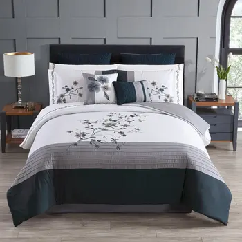 Комплект постельного белья из 14 предметов, темно-синий и серый, с цветочной вышивкой и по частям, из полифил