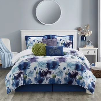 Комплект стеганого одеяла Lanco Midnight Blue с цветочным рисунком, 7 предметов, Синий / Фиолетовый, Размер кровати California King, Наполнитель из 100% полиэстера, Ультра мягкий