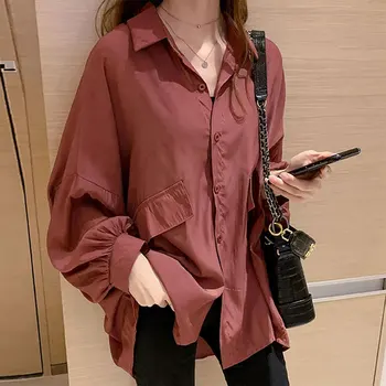Корейская свободная однотонная блузка, весна-осень, новый отложной воротник, повседневная однобортная женская рубашка Миди в стиле пэчворк для поездок на работу