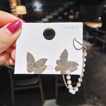 Корейские Элегантные милые серьги-гвоздики со Стразами и бабочками для женщин, Модная металлическая цепочка для девочек, ювелирные изделия Boucle D'oreille