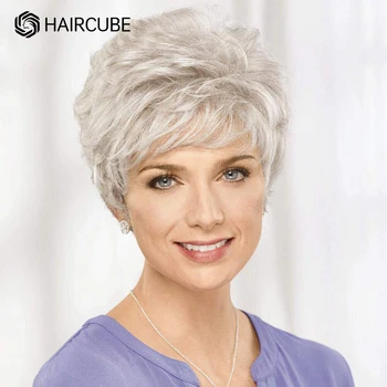 Короткий Белый парик HAIRCUBE для женщин, Повседневный Косплей, Серебристо-серый парик в стиле Пикси, 30% Смесь париков из человеческих волос, термостойкие синтетические Парики
