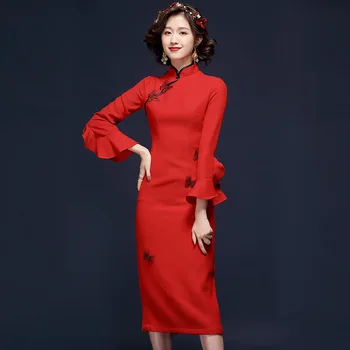 красные женские традиционные китайские свадебные платья с оборками на рукавах, платье чонсам, элегантная тонкая одежда нового дизайна