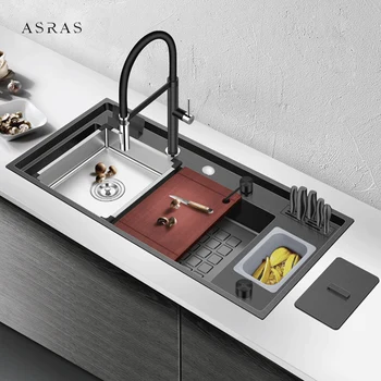 Крупногабаритная кухонная ступенчатая раковина ASRAS Нанометра Ручной работы Толщиной 4 мм с держателем ножа и мусорным баком