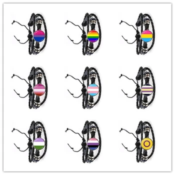 ЛГБТ Кожаный Браслет Bi Pride 20 мм Стеклянный Кабошон Гей Прайд Радужный Флаг Фото Браслет Ювелирные Изделия Для Женщин Мужчин Подарок Влюбленным