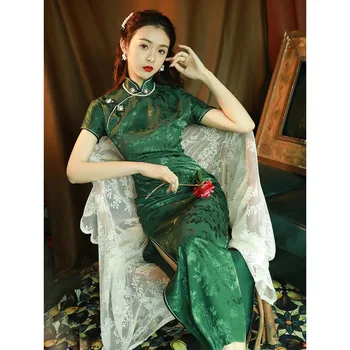 Летнее Винтажное женское Зеленое Черное платье с темным рисунком, Традиционное платье Чонсам в ретро-китайском стиле, Элегантное Тонкое Сексуальное Вечернее Ципао