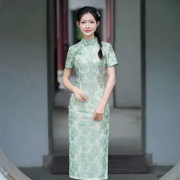 Летний Улучшенный 2023 Длинный Кружевной Чонсам с ретро-темпераментом для молодых девушек, Вечернее платье Ципао в китайском стиле для женщин