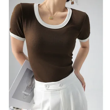 Летняя Женская футболка с коротким рукавом Y2k 2023, Корейская Мода, Кавайный Милый Черно-Белый Хлопковый Укороченный Боди, Топ, Женская Бесплатная Доставка