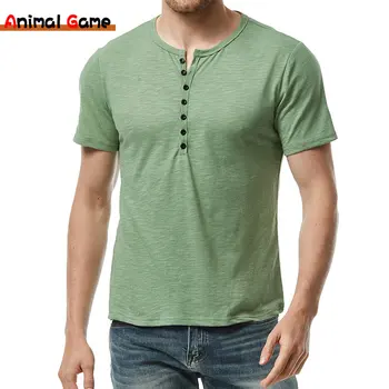 Летняя мужская повседневная однотонная футболка с коротким рукавом, мужские топы-поло, мужские футболки высокого качества с V-образным вырезом на нескольких пуговицах